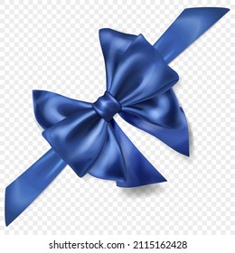 Beautiful blue bow with diagonally ribbon with shadow, isolated on transparent background. Transparency only in vector format