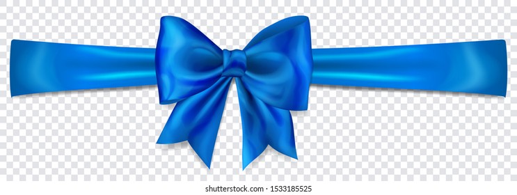 Beautiful blue bow with horizontal ribbon with shadow on transparent background