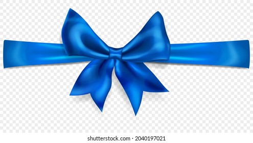 Beautiful blue bow with horizontal ribbon with shadow, isolated on transparent background. Transparency only in vector format