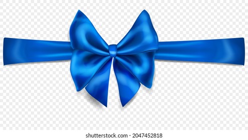 Beautiful blue bow with horizontal ribbon with shadow, isolated on transparent background. Transparency only in vector format