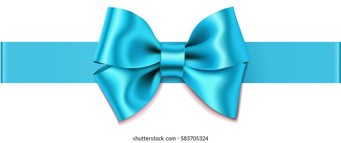 Beautiful blue bow with horizontal ribbon isolated on white. Vector bow