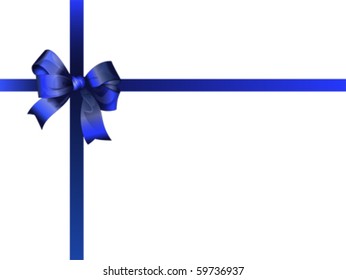 Beautiful blue bow and ribbon on the top of the gift box. Isolated on white, vector