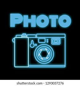 Beautiful blue bright glowing abstract neon icon, signboard from an old retro vintage camera with a diaphragm and copy space with an inscription photo on a black background. Vector illustration.