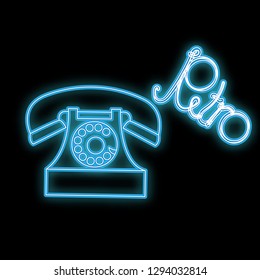 Beautiful blue bright glowing abstract neon icon, signboard of old retro vintage phone from 60s, 70s, 80s, 90s and copy space with retro inscription on black background. Vector.