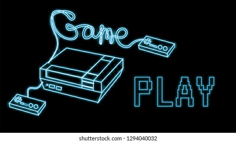 A beautiful blue bright glowing abstract neon sign of an old retro vintage game console from the 80s, 90s and copy space with an inscription game play game play on a black background. Vector.