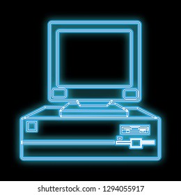 A beautiful blue bright glowing abstract neon sign from an old retro vintage songpad computer from the 80s, 90s and copy space on a black background. Vector.