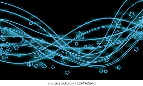Beautiful blue bright glowing abstract neon sign of curved wave lines with magic hearts and stripes and copy space on a black background. Vector.