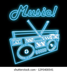 Beautiful blue bright glowing abstract neon sign in the form of an old retro vintage music cassette tape recorder of the 70s, 80s, 90s with the word music and copy space on a black background. Vector.