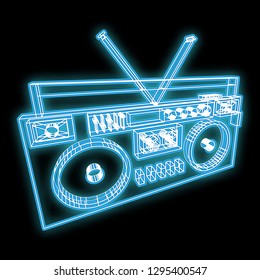 Beautiful blue bright glowing abstract neon sign in the form of an old retro vintage music cassette tape recorder from the 70s, 80s, 90s and copy space on a black background. Vector.