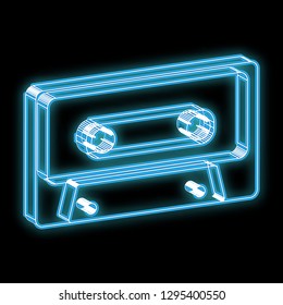 Beautiful blue bright glowing abstract neon sign in the form of an old retro vintage hipster audio tape of the 70s, 80s, 90s and copy space on a black background. Vector.