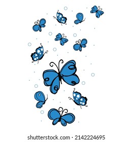 Beautiful Blue Butterflies Illustration On White Background. Hand Drawn Vector. Flying Butterfly For Wallpaper, Poster, Banner, Sticker, Logo, Label, Clipart, And Greeting Card. Cute And Elegant. 