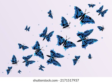 Beautiful blue butterflies. Poster with flying insects with different wings. Design element for websites, print and social networks. Decoration banner. Cartoon modern flat vector illustration