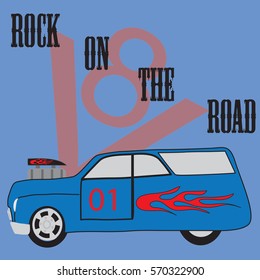 beautiful blue car with rock on the road description vector illustration