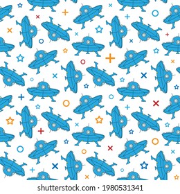 Beautiful blue cartoon flying saucers isolated on white background. Childish cute ufo seamless pattern. Vector simple flat graphic hand drawn illustration. Texture.