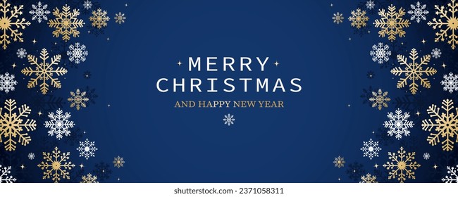 Beautiful blue Christmas background with white snowflakes, snow, place for text for holiday greetings. Snowflakes with different ornaments and volume effect. Vector illustration for design.