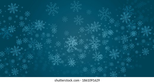 Beautiful blue Christmas night background with flying snow flakes in the air.snow and star falling from sky. merry christmas wall paper, banner, greeting card and invitation card model. happy new year