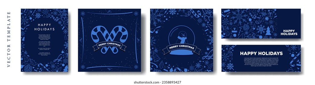 Beautiful Blue Christmas Templates with pop up doodle Christmas illustrations. Gentle Monochromatic Christmas Card and Poster Backgrounds. Square card, vertical posters, horizontal banner. Vector.