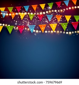 Beautiful blue Christmas vector background with colorful bunting party flags and shiny Xmas lights with empty copy space for your design