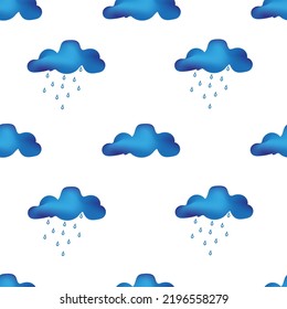 Beautiful blue clouds and rain on white background. Seamless background with painted clouds. Wallpaper for the children's room. Vector illustration with clouds.