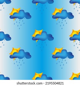 Beautiful blue clouds with the sun, sun rays and rain on blue sky. Seamless background with painted clouds and sun. Wallpaper for the children's room. Vector illustration with clouds.