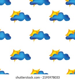 Beautiful blue clouds with the sun and sun rays on white background. Seamless background with painted clouds and sun. Wallpaper for the children's room. Vector illustration with clouds.