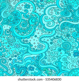 Beautiful blue colorful vector seamless pattern with figured curling multicolored lines, aquamarine colors
