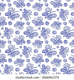 Beautiful blue contour ink butterflies isolated on white background. Cute monochrome seamless pattern. Vector simple flat graphic hand drawn illustration. Texture.