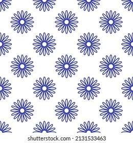 Beautiful blue contour linear flowers isolated on white background. Cute monochrome floral seamless pattern. Vector simple flat graphic illustration. Texture.