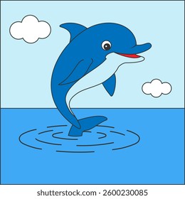 A beautiful blue dolphin is joyfully jumping out of the water