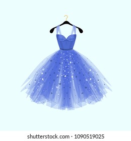 Beautiful blue dress for special event. Vector Fashion illustration