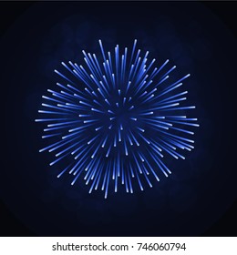 Beautiful blue firework. Bright firework isolated on black background. Light blue decoration firework for Christmas, New Year celebration, holiday, festival, birthday card Vector illustration