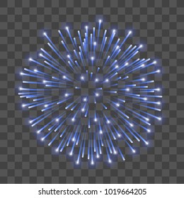 Beautiful blue firework. Bright salute isolated transparent background. Light blue decoration firework for Christmas, New Year celebration, holiday, festival, birthday card Vector illustration