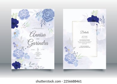 Hermoso marco floral azul plantilla de la tarjeta de invitación a la boda Vector Premium	
