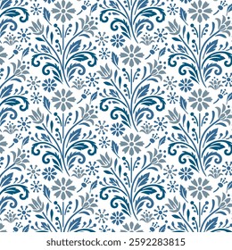 beautiful blue floral pattern with delicate leaves and blossoms for fabric and art

