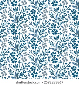 beautiful blue floral pattern with ikat inspired details for textile and background
