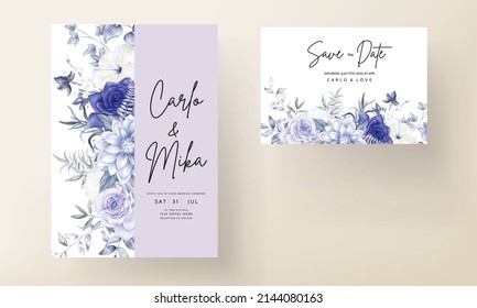 bella plantilla de tarjeta de invitación a boda floral azul