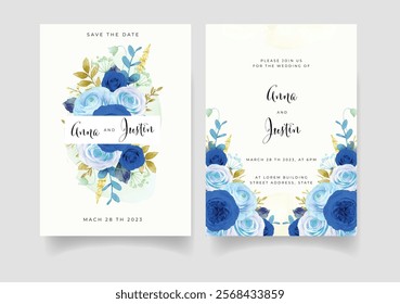 Beautiful Blue Floral Wedding Invitation Card. Illustrator and designer. Wedding Invites, save the date, Birthday Invites, Video Invites, E-Cards.