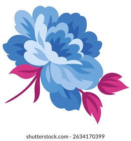 Beautiful blue flower illustration with intricate petal details and vibrant leaves