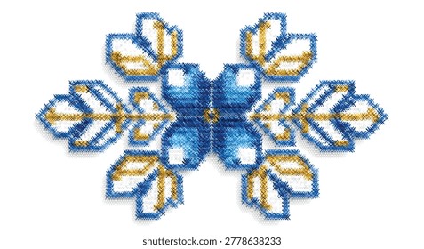 A beautiful blue flower pattern designed in a traditional cross-stitch embroidery style, presented as an isolated vector illustration perfect for your next needlework, craft, or decorative graphic project.