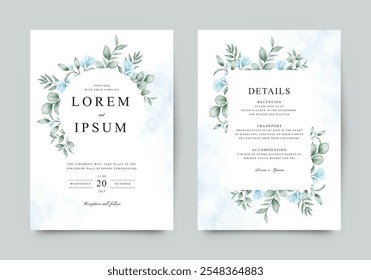 Beautiful blue flowers and green plants arranged on wedding invitation card