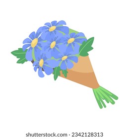 Beautiful blue flowers in paper wrap vector illustration. Cartoon drawing of colorful bouquets isolated on white background. Nature, beauty, spring, celebration concept