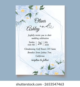 Beautiful blue flowers with splash background wedding invitation template, perfect for romantic, elegant events and floral-themed stationery design
