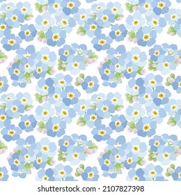 Beautiful blue forget-me-nots flowers seamless pattern on white background. Floral texture for design, textile and background. Vector illustration