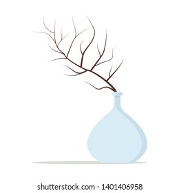 Beautiful blue glass vase with a dry branch of the tree plant inside. Isolated on white background. Cartoon flat style decorative element for interior design. Vector illustration.