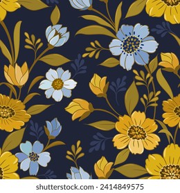  Beautiful blue and gold flowers with leaf on dark blue color background seamless pattern. This pattern can be used for fabric textile wallpaper background.