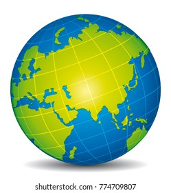 Beautiful blue and green 3d vector globe. Focus on Asia, Russia, China and India.