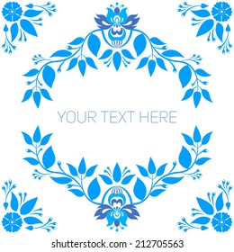 Beautiful blue greeting card with floral wreath. Bright illustration, can be used as creating card, invitation card for wedding,birthday and other holiday and cute summer background.
