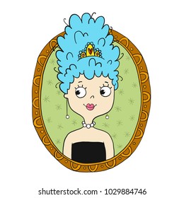 Beautiful blue hair retro lady girl in crown and little black dress. Vector children book illustration