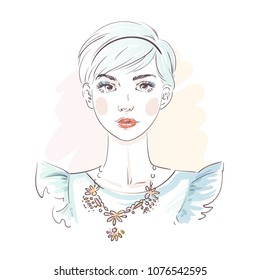 Beautiful blue hair young woman in evening dress. Hand drawn stylish woman portrait. Fashion lady. Sketch.