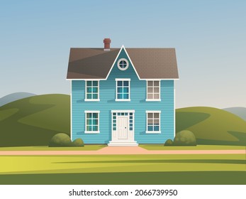 Hermosa casa azul en el fondo de un paisaje rural. Ilustración vectorial en estilo de caricatura